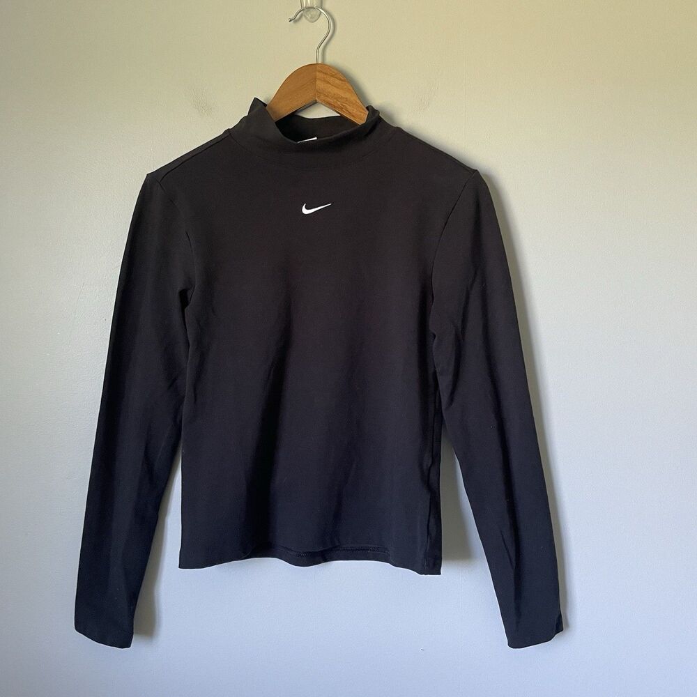 Nike Swoosh Mock-Neck Long-Sleeve Top Black Athletic Cotton Women's Size Medium